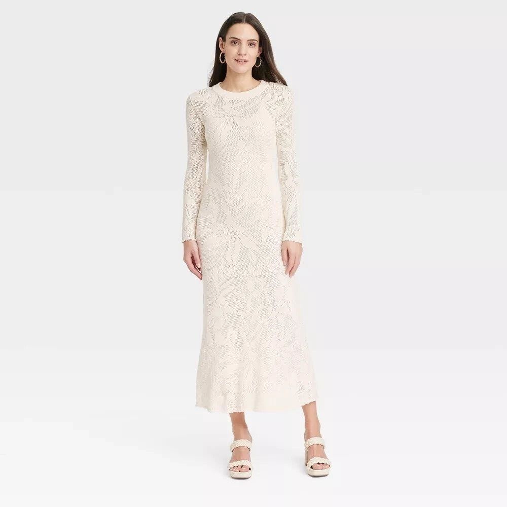 A New Day Women's Long Sleeve Lined Floral Maxi Pointelle Dress Cream Large NWT